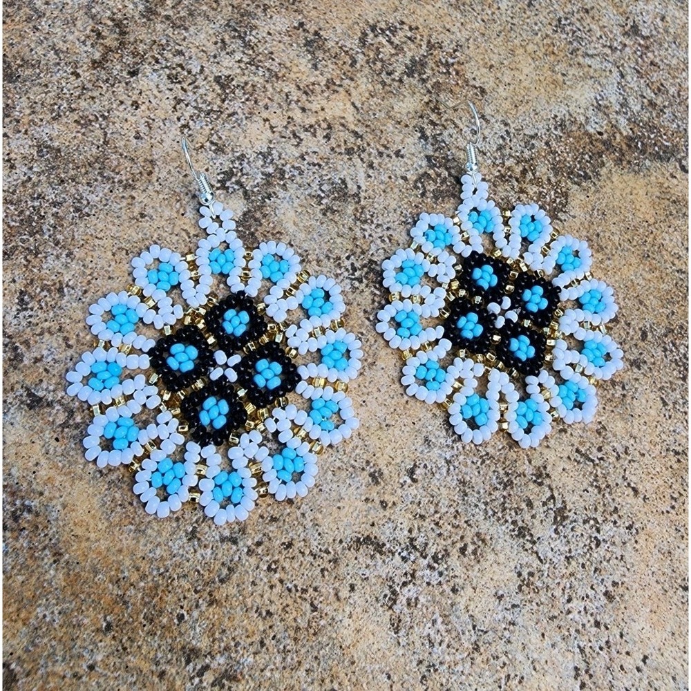 Handmade  Elegant Beaded Earrings Flower Drop Dangle Blue/Gold Color